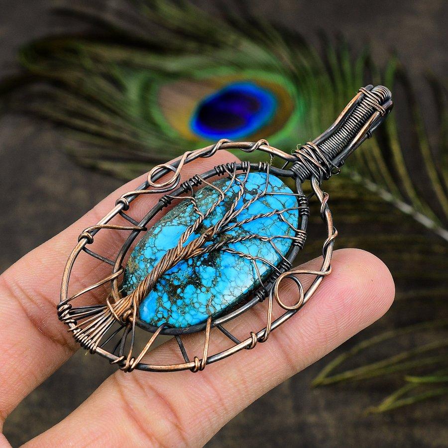 Tibetan Turquoise Handmade Copper Wire Wrap Jewelry Pendant 3.23" a0c96