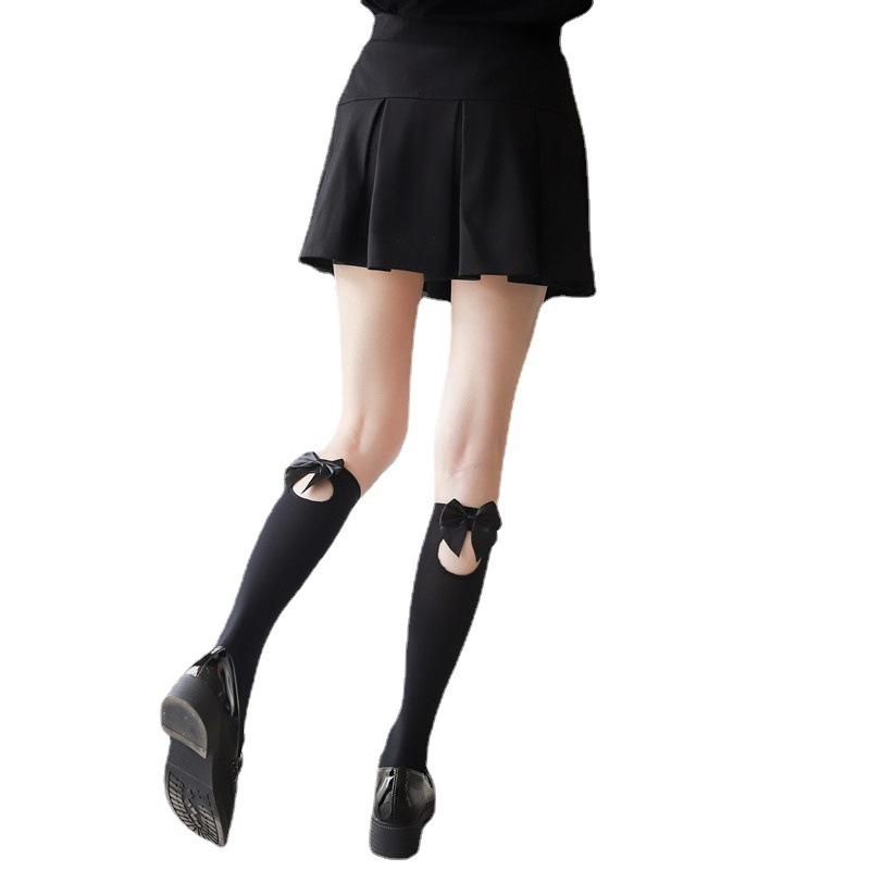 Japanese Velvet Calf Socks Girl'S Bow Mid-High Socks Cute Lolita Knee Socks Spring And Summer Black And White