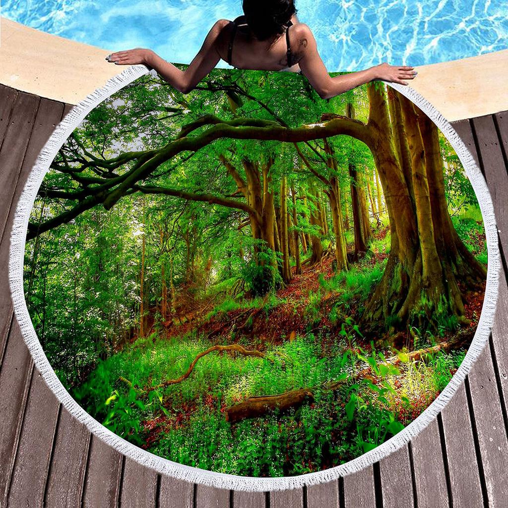 Forest Round Beach Towel Natural Scenery Beach Blanket with Tassels Microfiber Country Woodland Tree Circle Bath Towel Yoga Mat