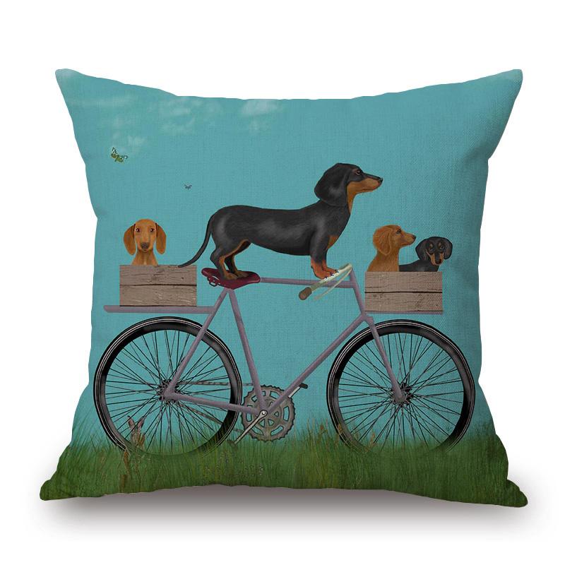 Dogs On Bicycle Art Cushion Cover Poodle Bulldog German Shepherd Golden Retriever Dachshunds Labrador Print Linen Pillow Case