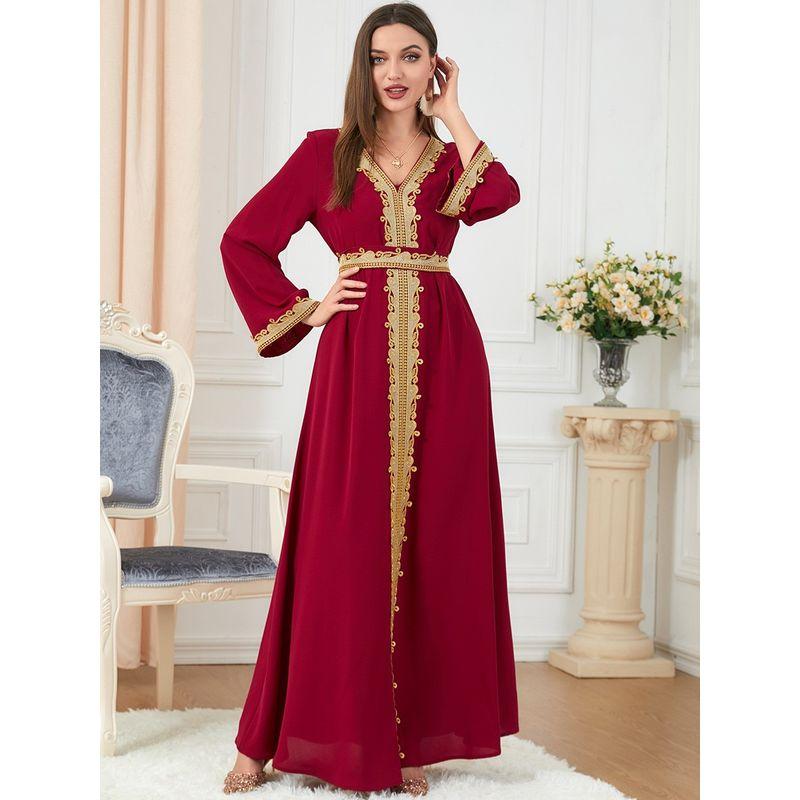 Indonesia Djellaba Women's Pure Color Show Lace Patchwork Basic Loose Embroider Long Sleeves Dress Dresses