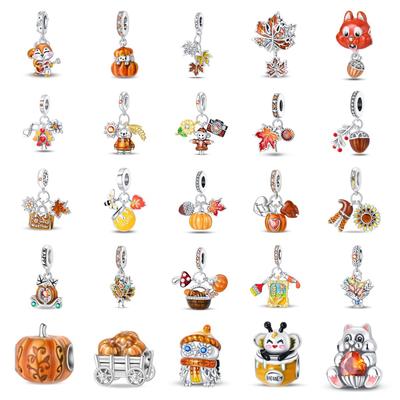 2026 Autumn Maple Leaf Owl Squirrel Charm Charm Charm Beaded DIY Jewelry Bracelet Accessories 925 Silver