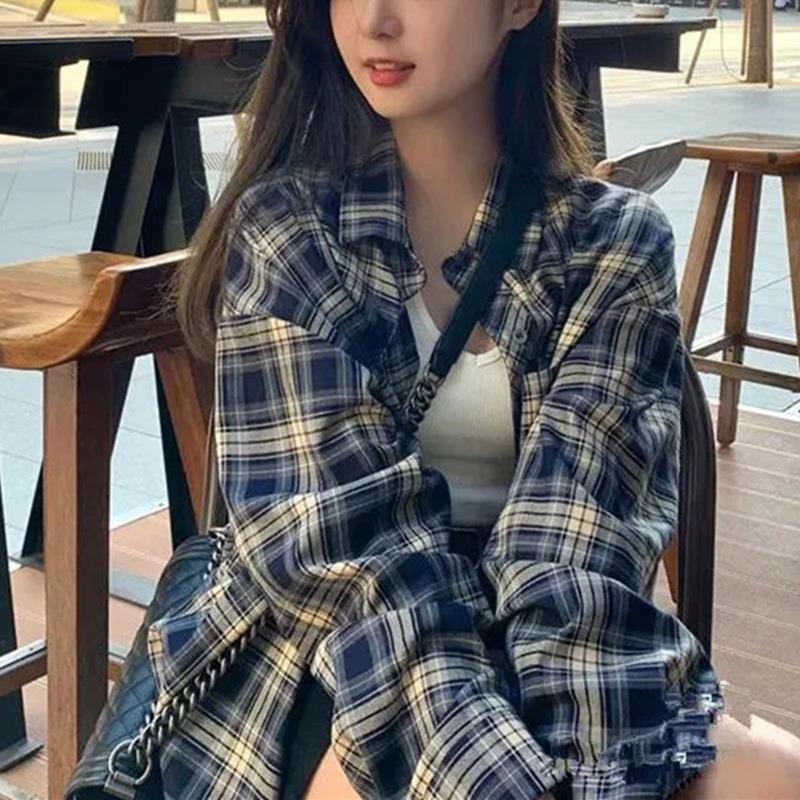 Plaid Shirt Women's Long Sleeve Top Spring and Autumn Korean Loose Retro Lazy Cardigan Shirt Jacket
