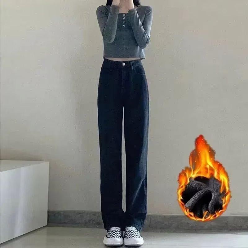 Pear-shaped Body Straight Jeans Women's Autumn and Winter Velvet Thickened High Waist Hip Covering and Thin Loose Wide-leg Floor Pants