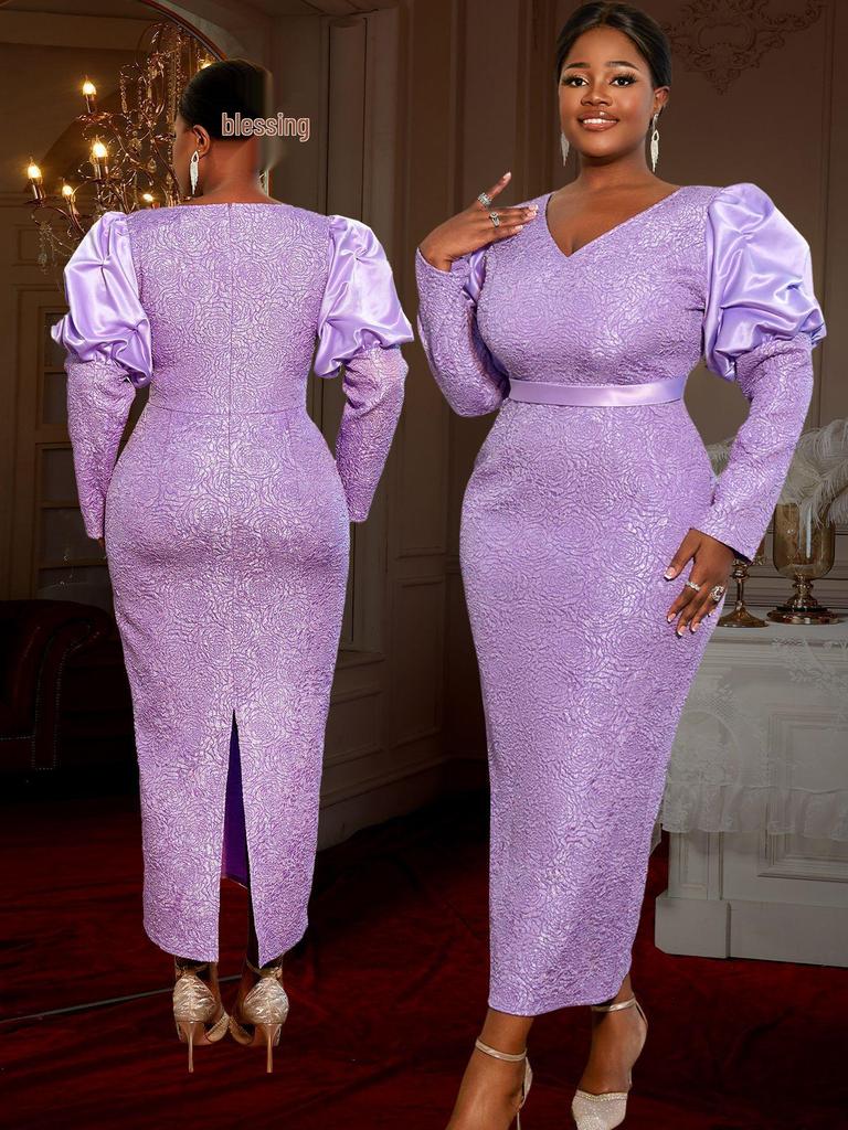 Plus Size Elegant Light Purple Jacquard Puff Sleeve Long Formal Dress.