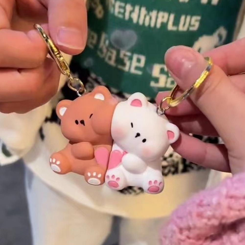 Love Bear Keychain Cartoon Bear Hug Theme Magnetic Keychain Set for Couples Resin Material Bag Decoration Birthday Gift Idea