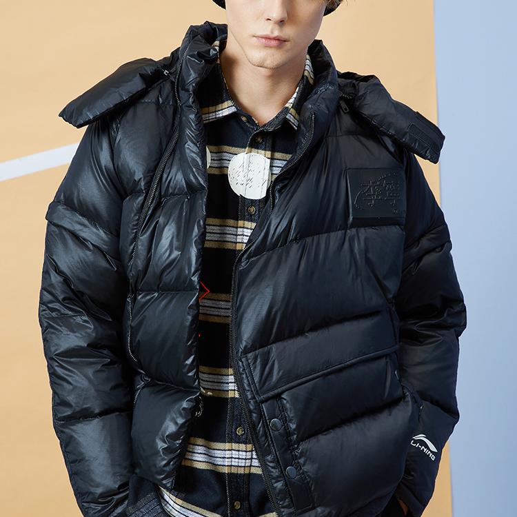 Li Ning Warm Removable Hood Loose Down Jacket Men Outerwear Black AYMQ177-2