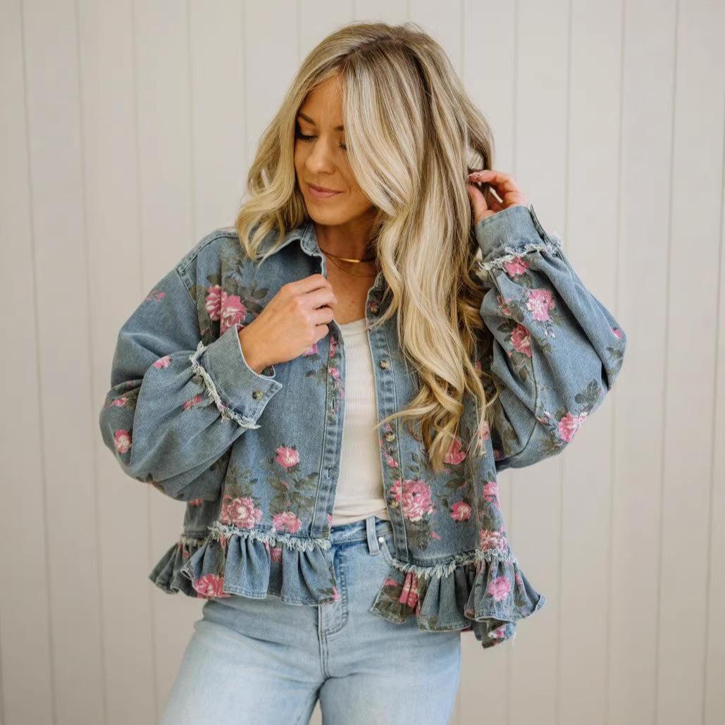 

Европейская и американская ретро-рубашка для женщин из стираного денима с цветочным принтом, свободная, с длинным рукавом (2026) 2XL джинсовый синий