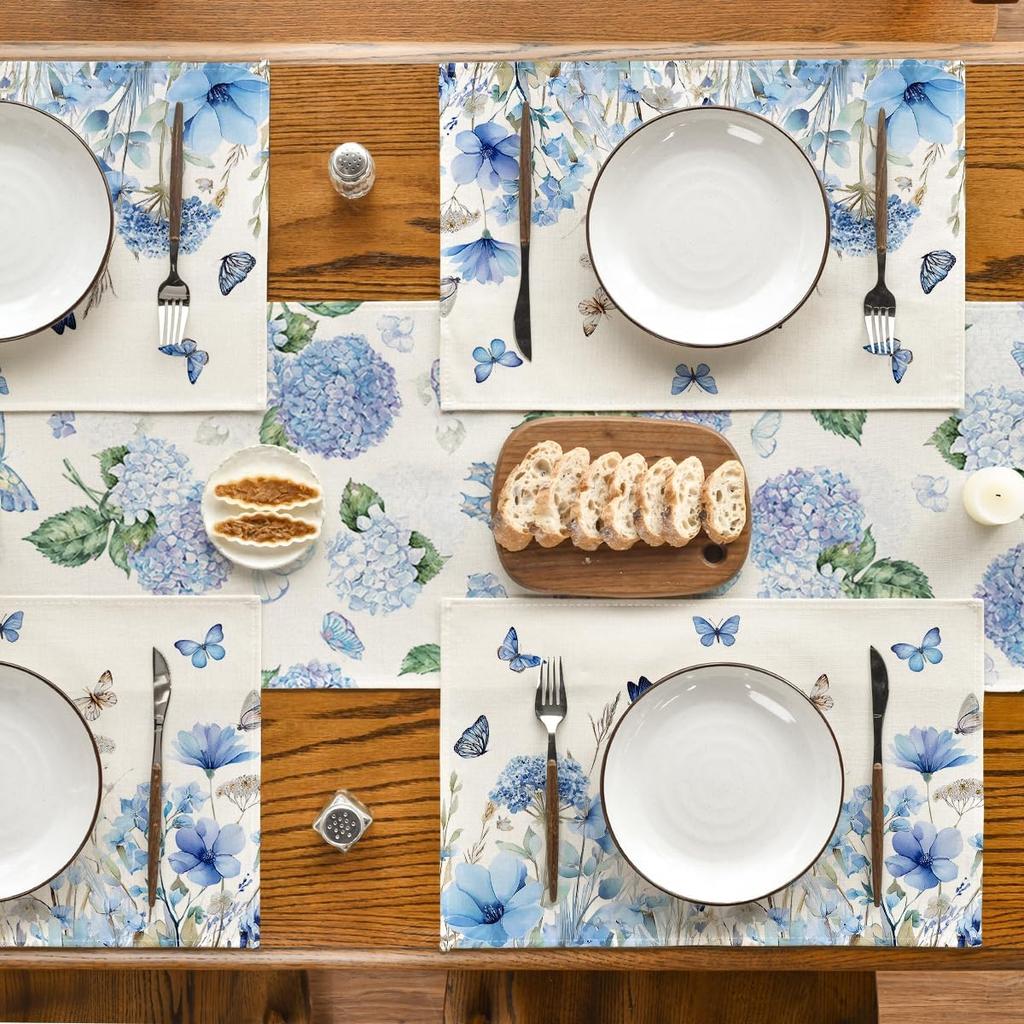 4Pcs, Hydrangea Wildflower Placemats, Washable, Suitable for Holiday Parties, Home Decor, Kitchen Tables, Rectangular Dining Rooms