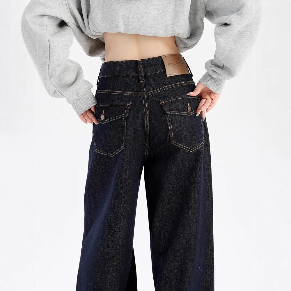 

Women s High-Waisted Dark Blue Wide-Leg Jeans - Spring/Autumn Slimming Loose Fit XL
