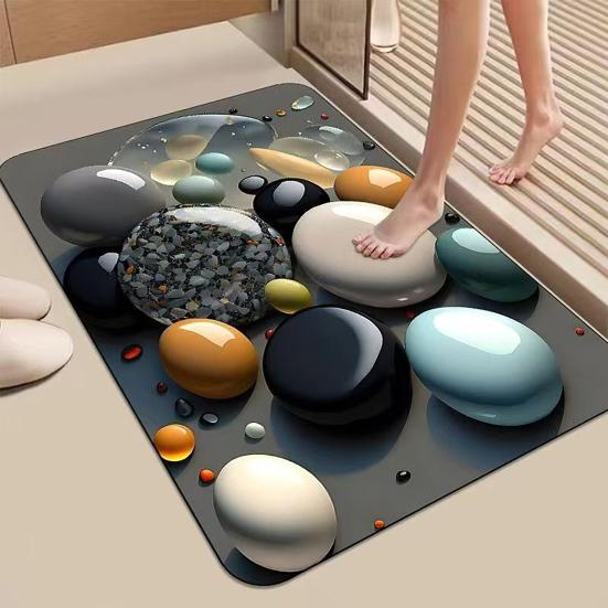 3D Optical Illusion Rug Pebble Stone Visual Illusion Doormat Non-Slip Water Absorbent Floor Mat for Bathroom Bedroom Living Room Entrance Decor