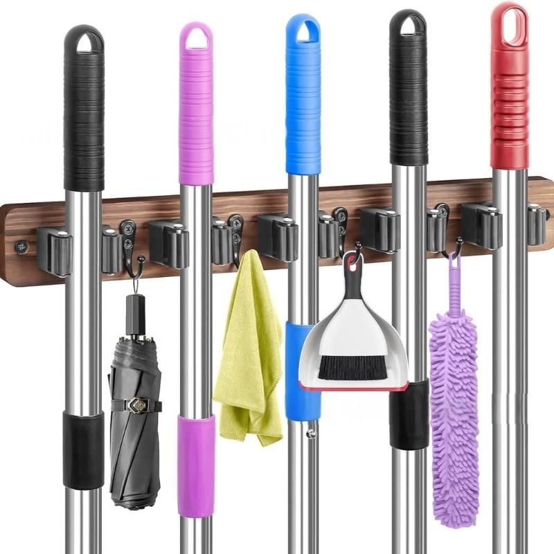 Natural Wood Wall Mounted Broom Storage Rack with Hook for Brooms Mops Umbrellas Home Organization