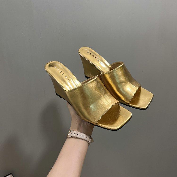 2025 spring and autumn new square head simple sandals stiletto high heels one-word slippers women wear fashion cool