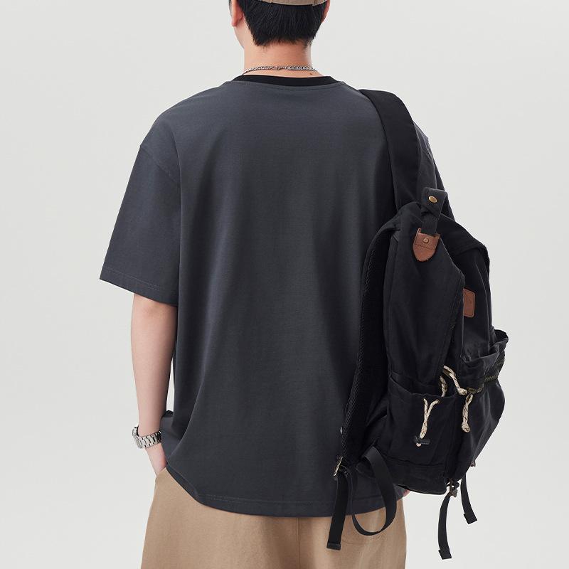 New Summer Heavy Round Neck Pocket Short-sleeved T-shirt for Men Loose Five-point Sleeve Japanese Retro
