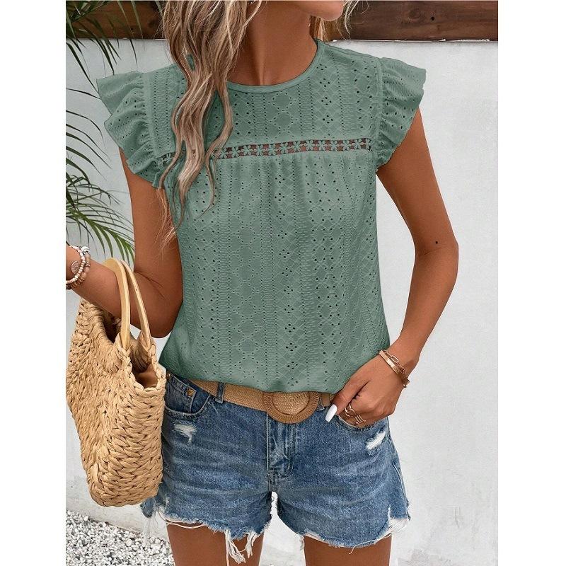 2026 Women's Summer New Round Neck Lace Solid Color Ruffle Short Sleeve Top