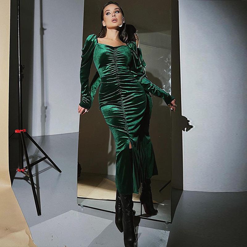 Women's Winter Slim-Fit Long-Sleeve Pleated Wrap Dress with Slit