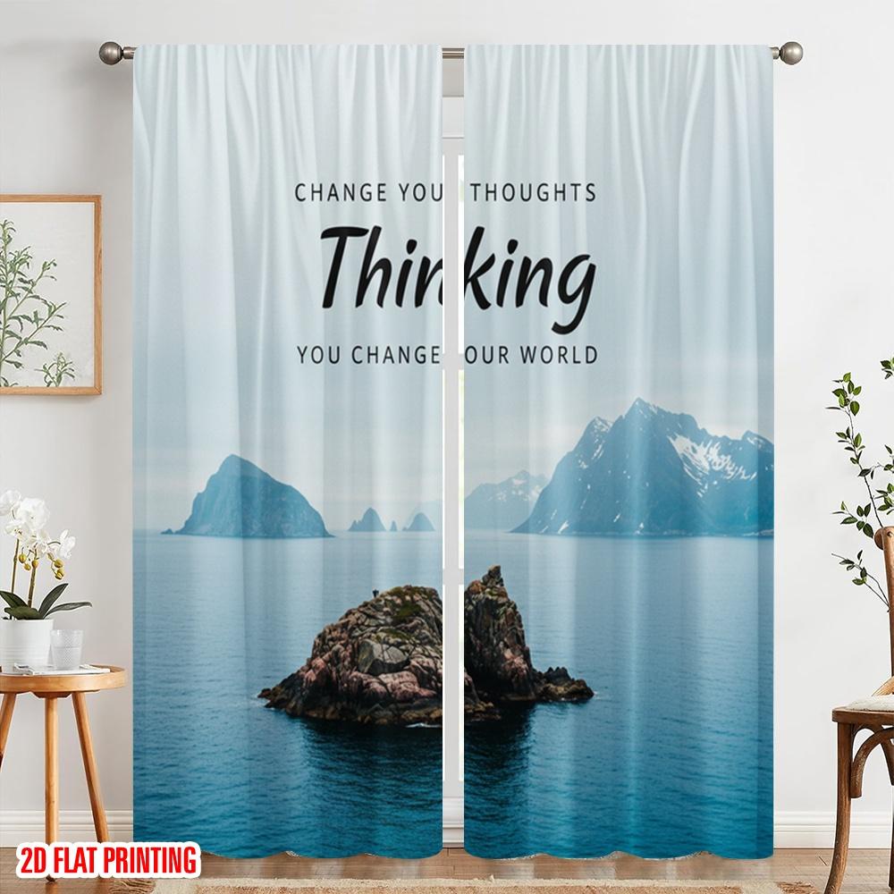 2pcs 2D Flat Printing Curtains Thinking Change World 100% Polyester Fabric Without Electricity Festive Holiday Use for Outdoor