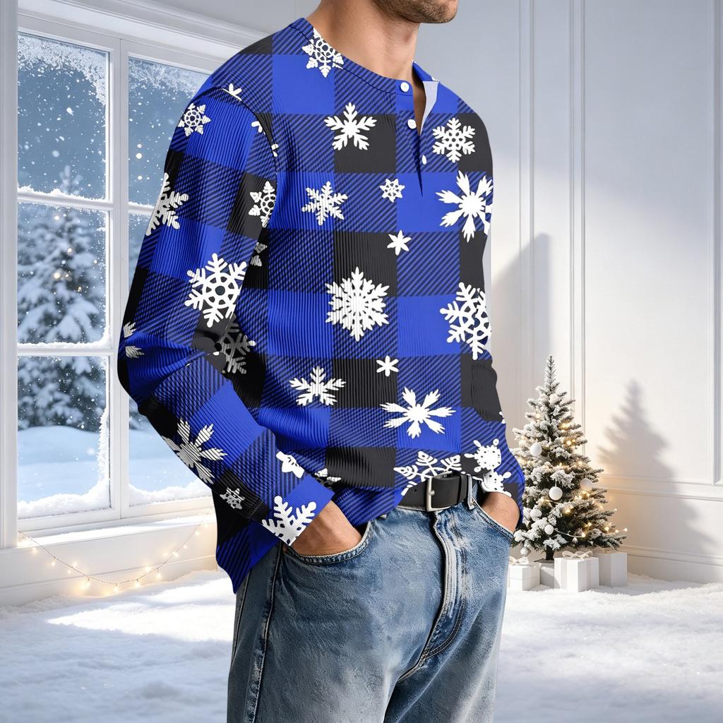 Men's Casual Neck Long Sleeve T-Shirt with Ribbed Texture Christmas Print