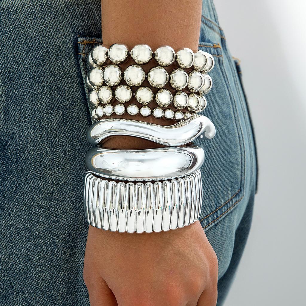 Accessories, geometric metal exaggerated bracelets, multi-layer pearl beaded bracelet set