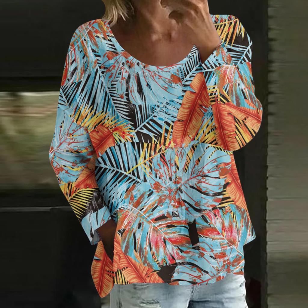 Damen Casual Mode Locker Rundhals Blumenmuster Langarm Oberteil