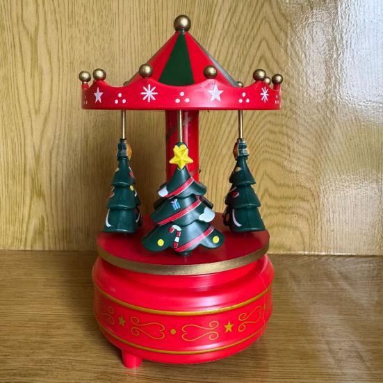 Karussell-Spieluhr Drehendes Pferd-förmige Spieluhr mit 4 Weihnachtsbäumen Musikalisches Karussell spielt Merry Christmas für Feiertags-Geburtstagsgeschenke