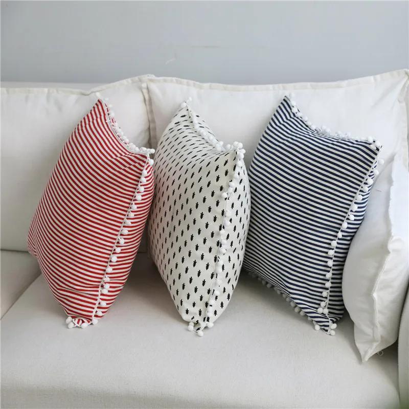 45x45cm Classic Striped Living Room Sofa Cushion Cover With White Ball Cotton Throw Pillow Case Home Decoration