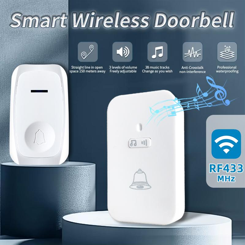 433MHz RF Wireless Doorbell EU/US Battery Powered 100M Long Range Smart Home Door Bell with 38 Chimes for House Apartment Hospital Elderly Call