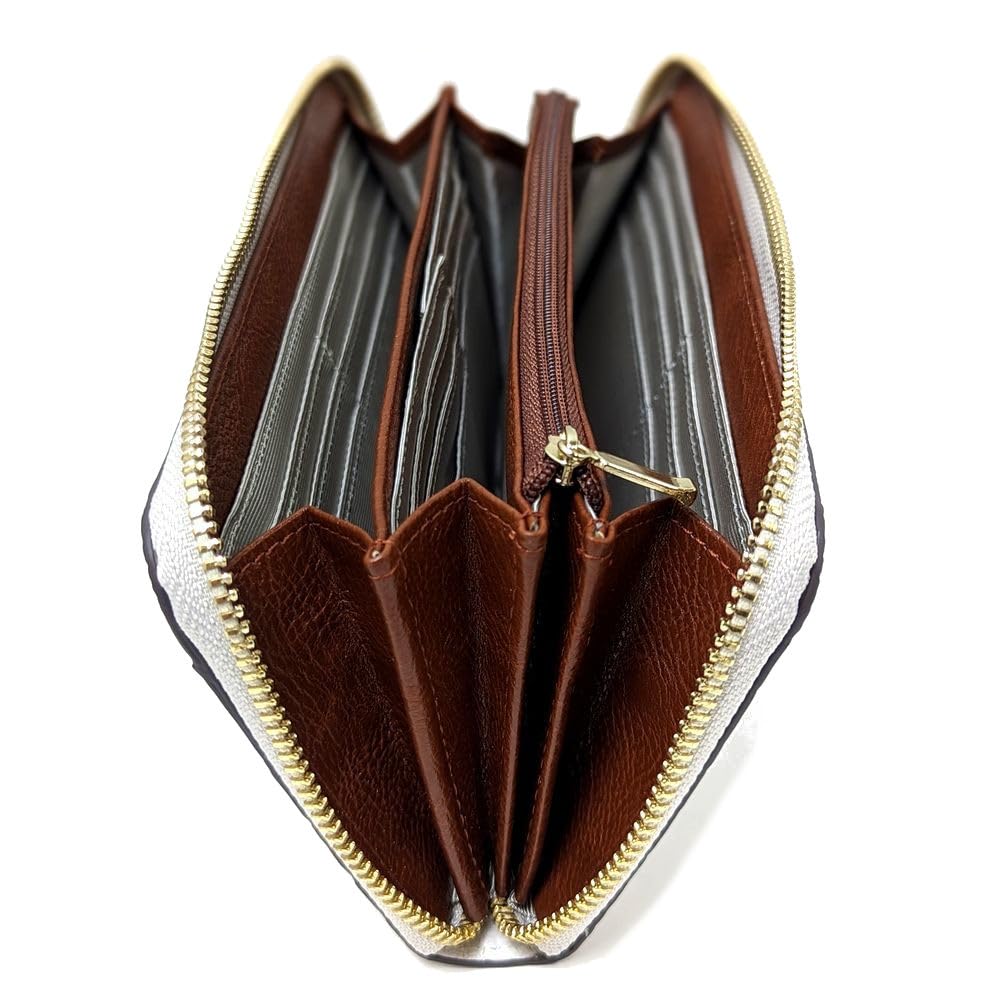 Karukuru Women's Floral Embossed Round Zipper Long Wallet FRS-EN004 White