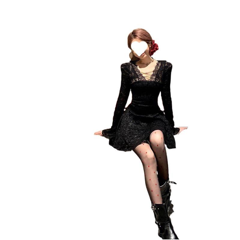 Pure Desire Sexy V-neck Lace Splicing Long-sleeved Dress Women's Autumn New High-end Slim and Thin A-word Short Skirt