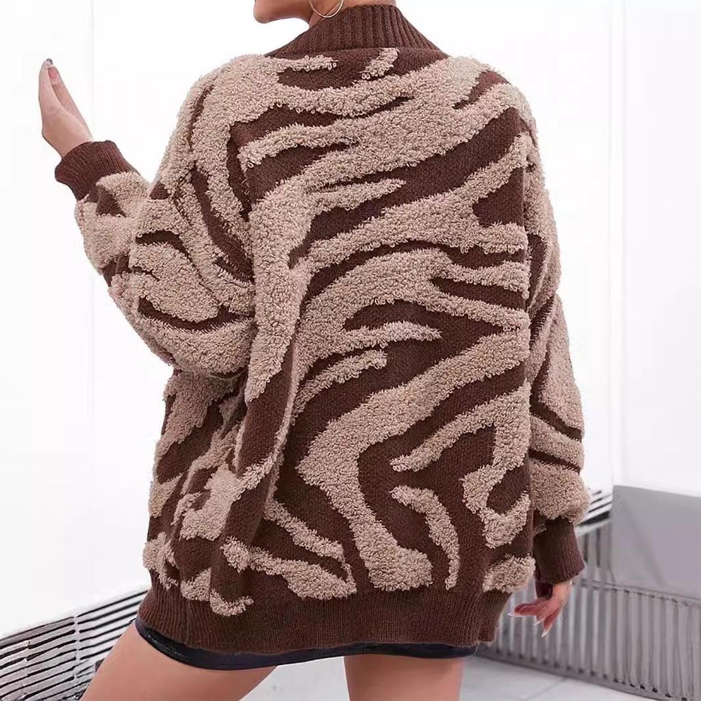 Women's Jacquard Long-Sleeve Cardigan Sweater – Mid-Length Autumn/Winter Coat