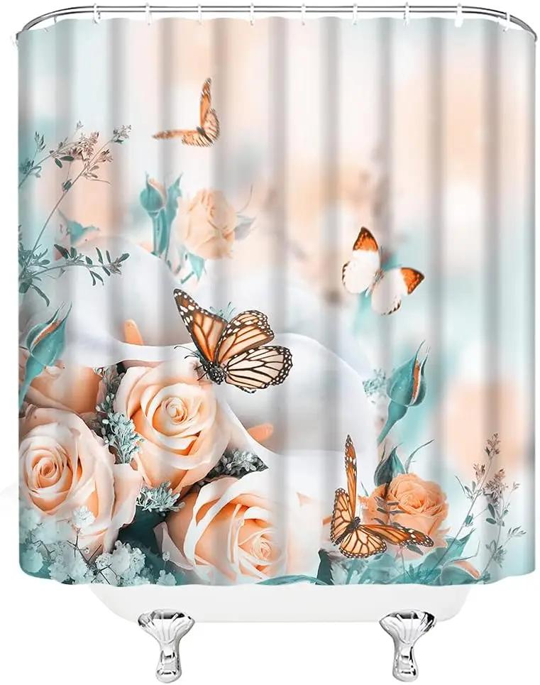 Pink Flower Butterfly Shower Curtain Natural Garden Landscape Home Fabric Bathroom Decoration Shower Curtain With Hook