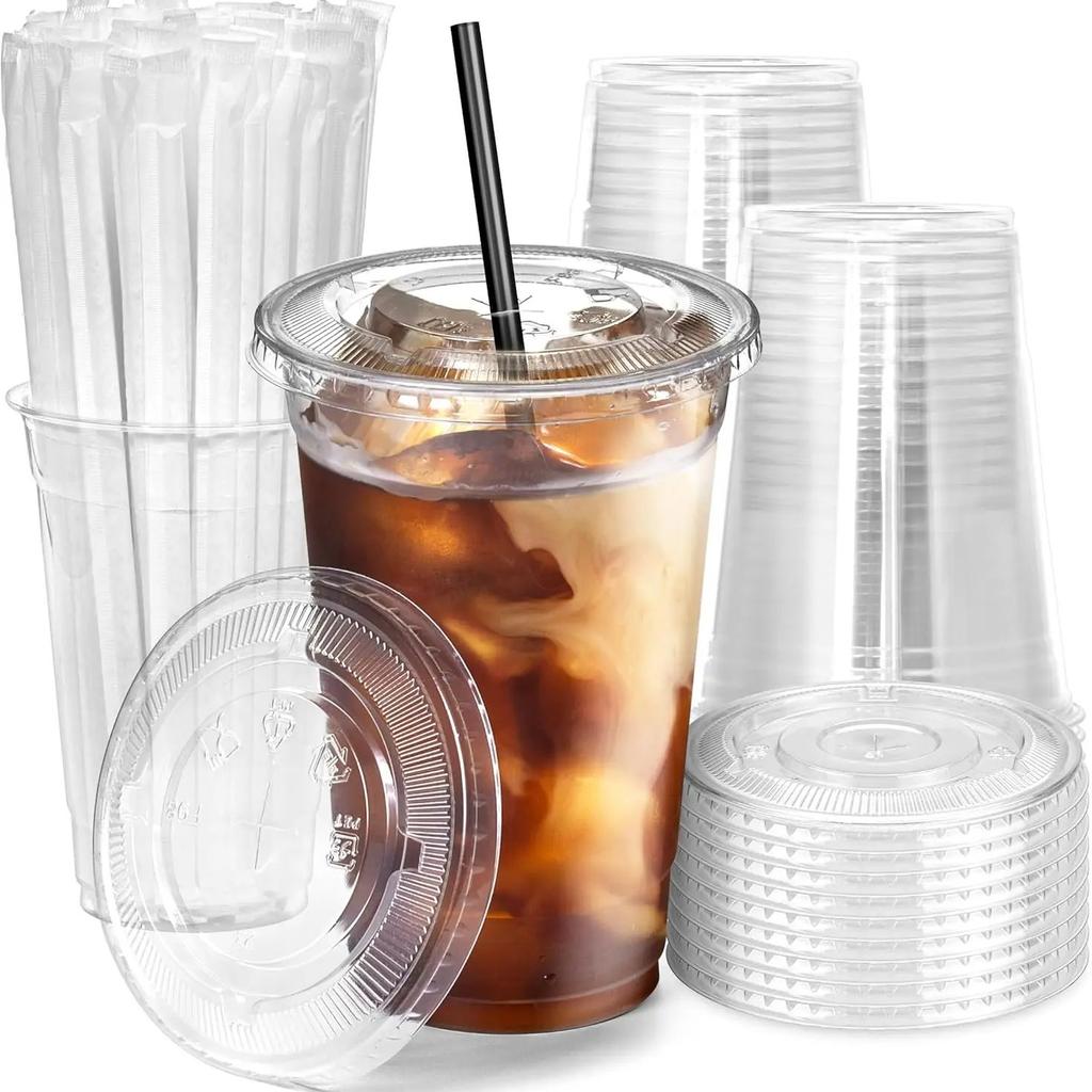 20OZ Clear Plastic Cups Lids and Straws for Iced Coffee Cups Disposable Smoothie Cups for Cold Drink Free BPA Crystal Plastic
