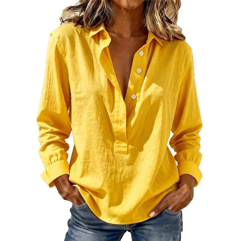 Spring Summer Linen Blend Half Button Down Shirt Long Sleeve Collared Casual Blouse