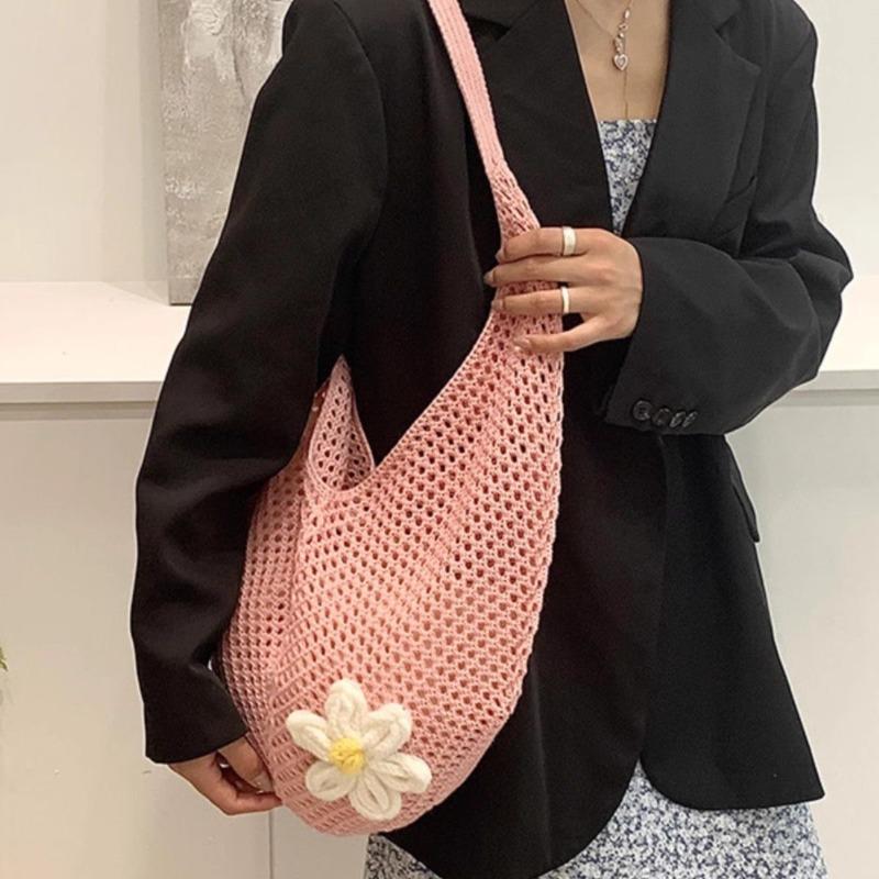 Lazy wind woven tote bag women's spring summer hollow simple knitted bag large capacity seaside vacation shoulder bag