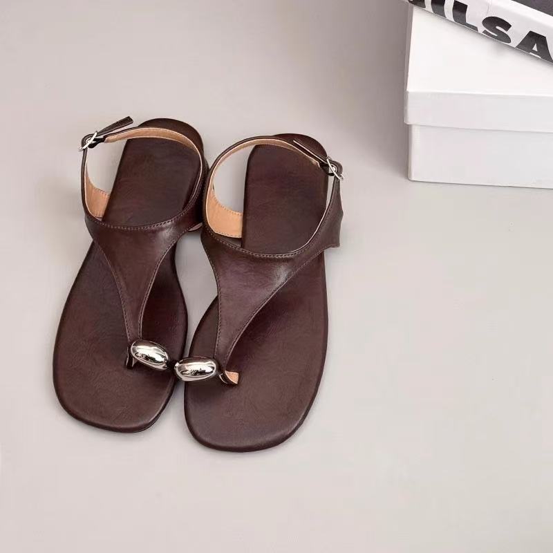 

[Fanfna] Flat-bottomed metal sleeve toe one-word buckle with sandals women s 2025 summer new pinch foot cool slippers women 40 коричневый