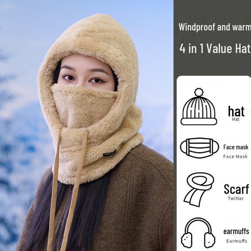 Men's Fluffy Winter Pullover Hat with Face Mask, Warm Scarf, and Velvet Windproof Ear Protection