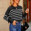 Women's Loose Short Pullover Sweater Stripe Long Sleeve Round Neck Knitted Top