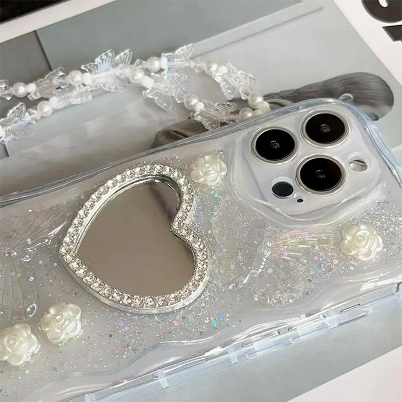 Compatible Epoxy Heart Rhinestone Mirror Case for iPhone 17 Pro Max, 15 Plus, 16 with Butterfly and Flower Design