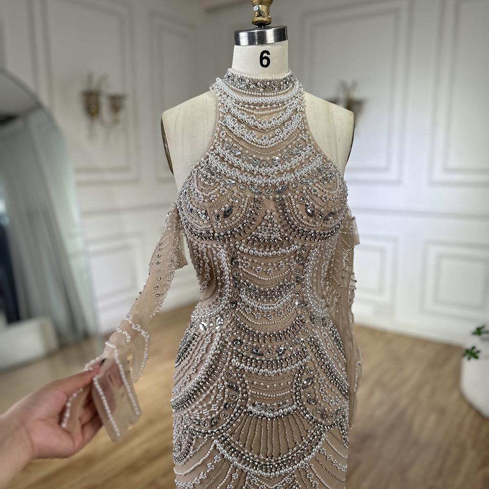 Nude sexy neck fishtail heavy industry beads pearl celebrity art test solo dress dress LA11091A