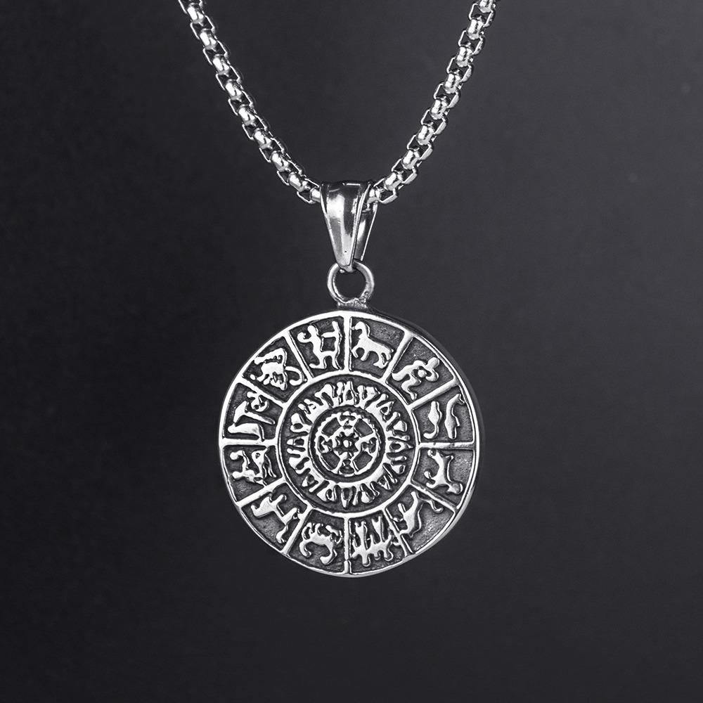 Titanium Steel Double Sided Twelve Constellation Round Brand Necklace Vintage Titanium Steel Hip Hop Pendant