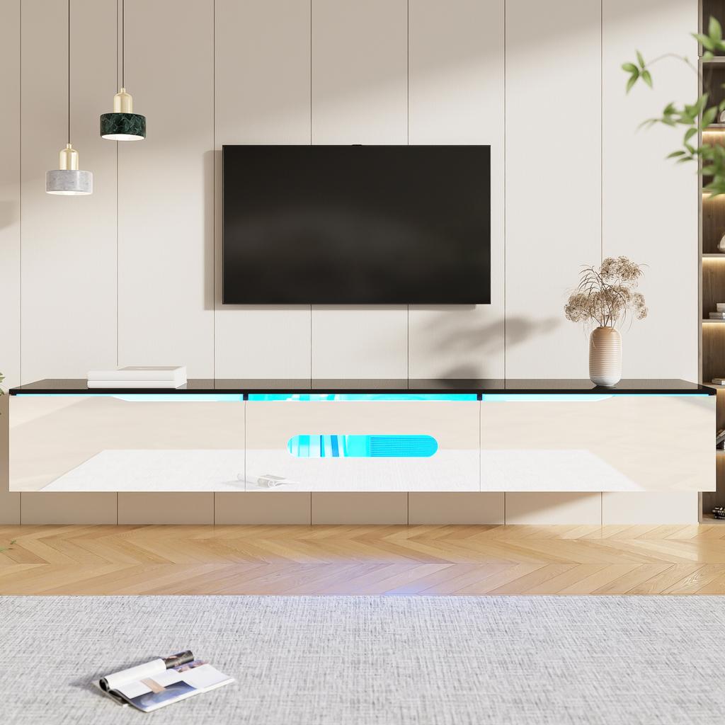 Black-White TV Cabinet, 180 cm Long, High-Gloss Surface, with 16-Color LED Lighting, Wall-Mountable