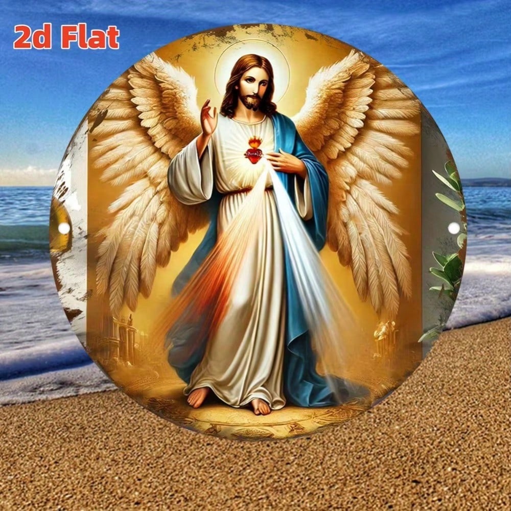 Classical Sacred Heart Angel Metal Wall Art Religious Aluminum Sign Gold Accents Home Office Decor