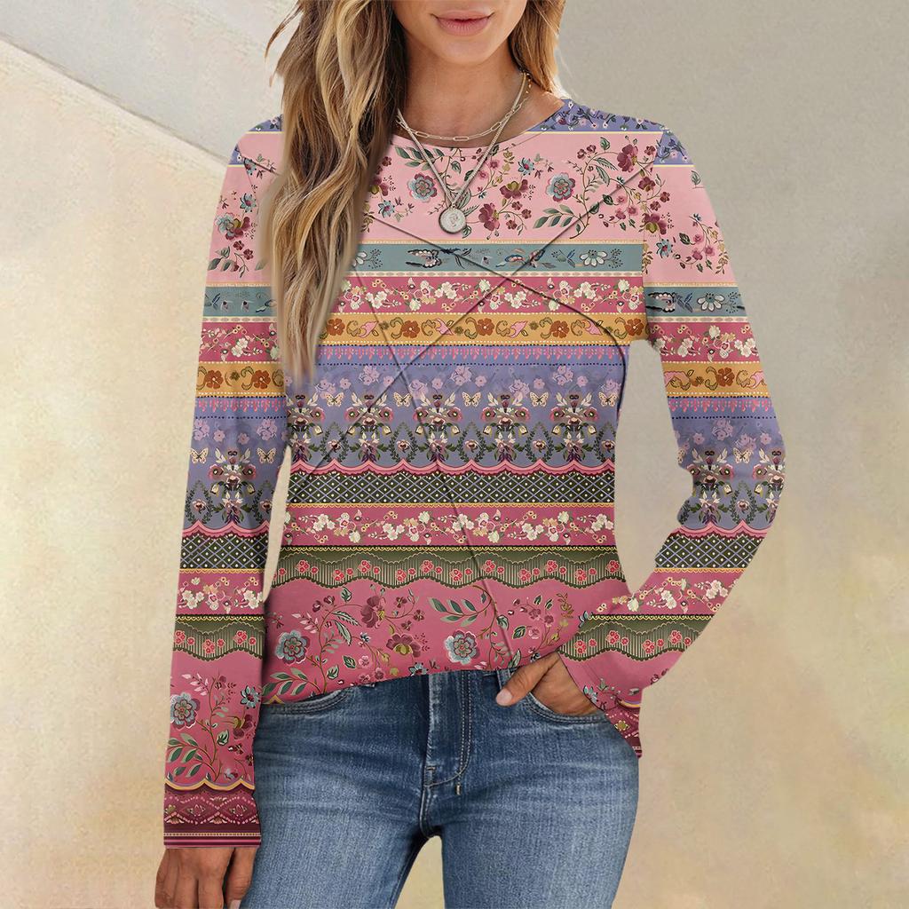 Fashion Women's Long Sleeve Round Neck CasualPleated Floral Print Loose Top