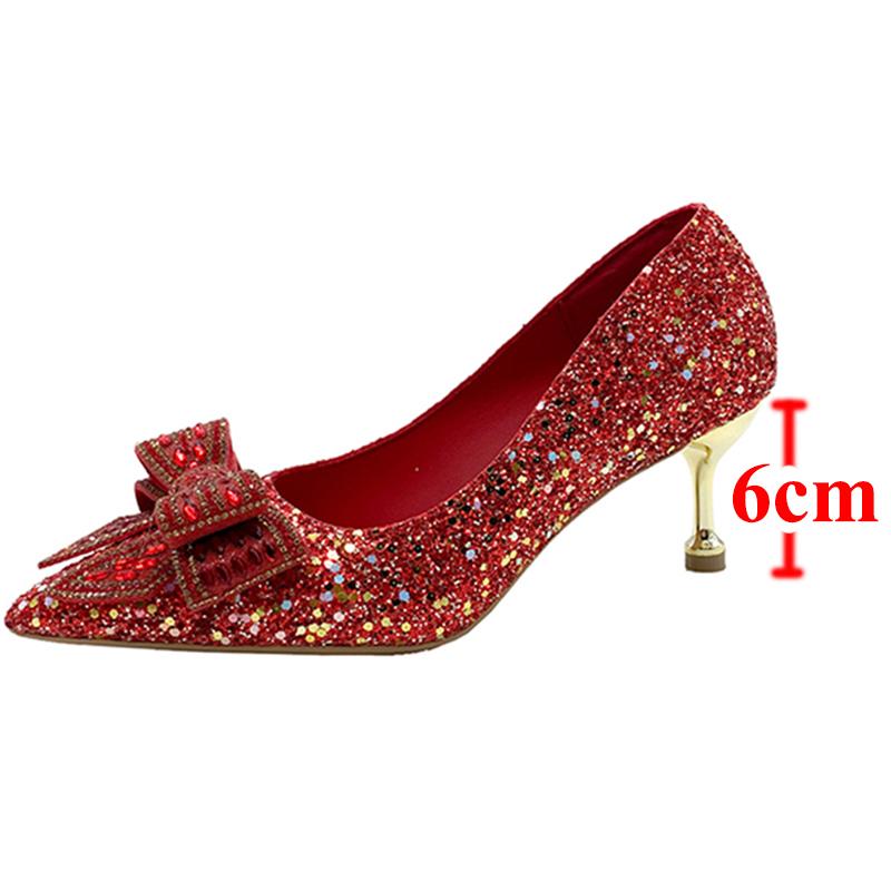 Блестящие красные туфли-лодочки с пайетками женские сексуальные туфли с бантом из кристаллов тонкие каблуки для невесты женские туфли-лодочки для танцев на высоком каблуке 40 2147₽