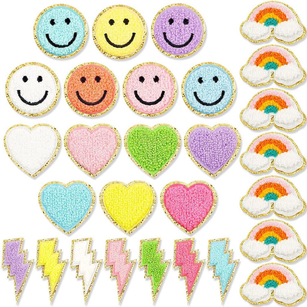 Towel Embroidery English Letter Embroidery Cloth Sticker Smiley Face Patch Sticker Ironing Chenille Rainbow Love Lightning Embroidery Sticker