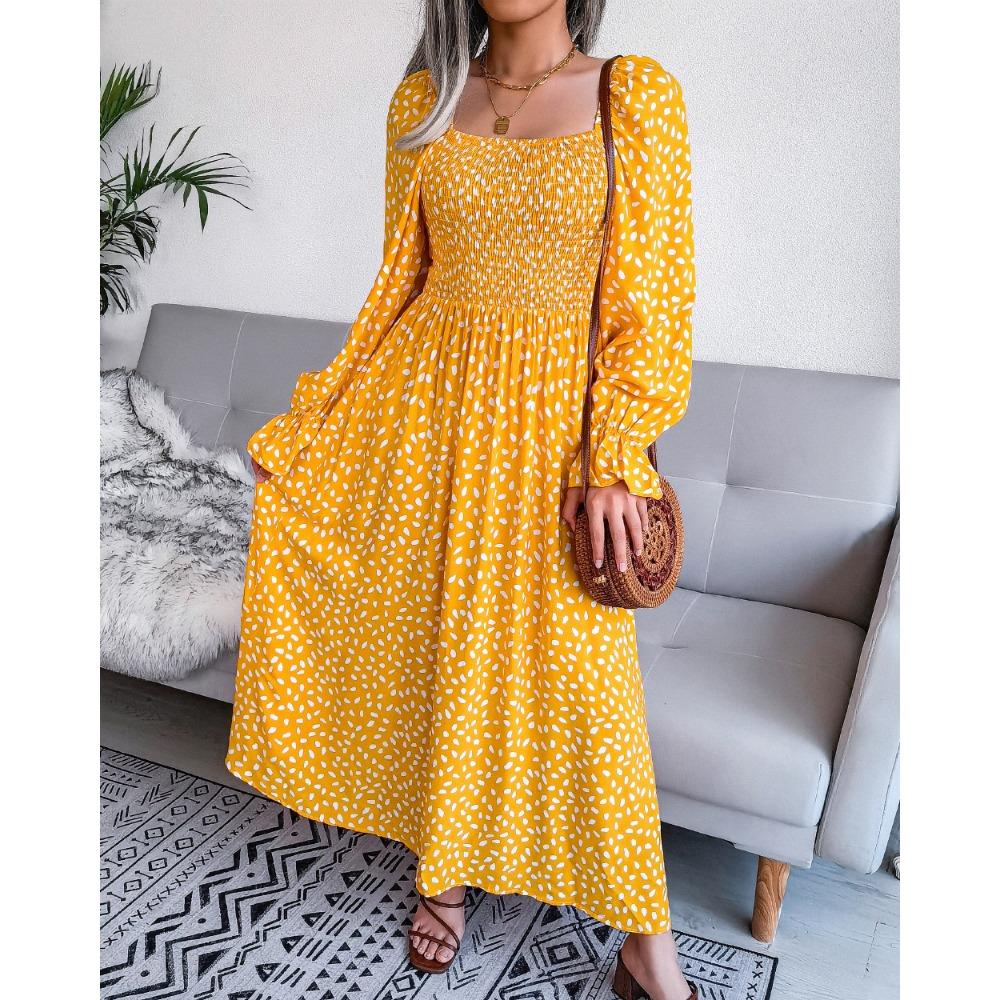 Spring Summer Square Neck Long Sleeve Holiday Cotton Dress Pleated Long Women's Dresses