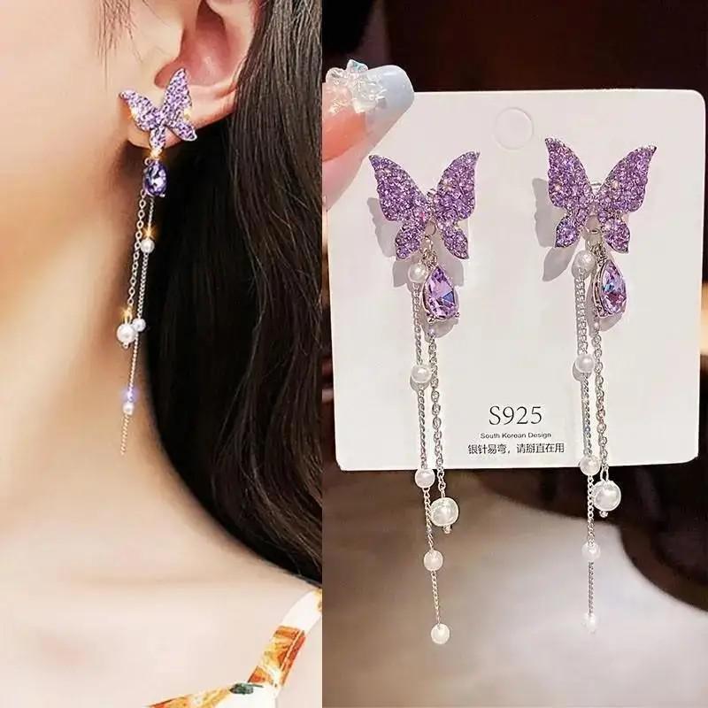 New Korean Fashion Crystal Ginkgo Leaf Earrings For Women Jewelry 2024 Trending Luxury Women's Pearl Opal Drop Earrings JN9