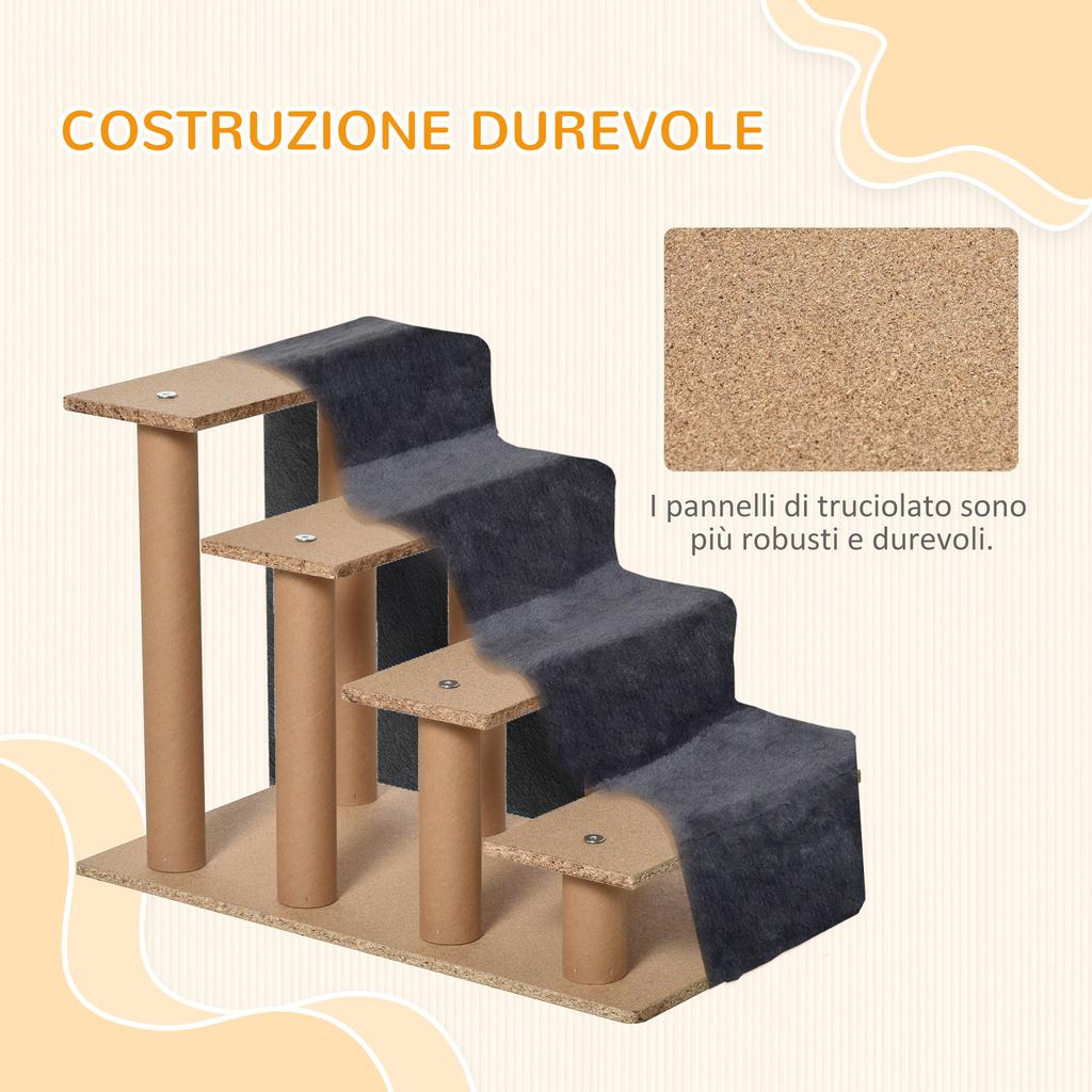 Portable 4-Step Dog Ladder, Removable Velvet Fabric and Wood, 60x35x44 cm, Dark Grey