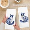 Flower Cat Kitchen Towels Set of 2, Floral Cats Mom Towels for Cat Lovers Women Girls Dish Hand Tea Towel, Cute Light Blue and White Chinoiserie