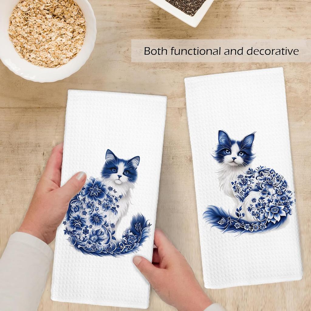 Flower Cat Kitchen Towels Set of 2, Floral Cats Mom Towels for Cat Lovers Women Girls Dish Hand Tea Towel, Cute Light Blue and White Chinoiserie